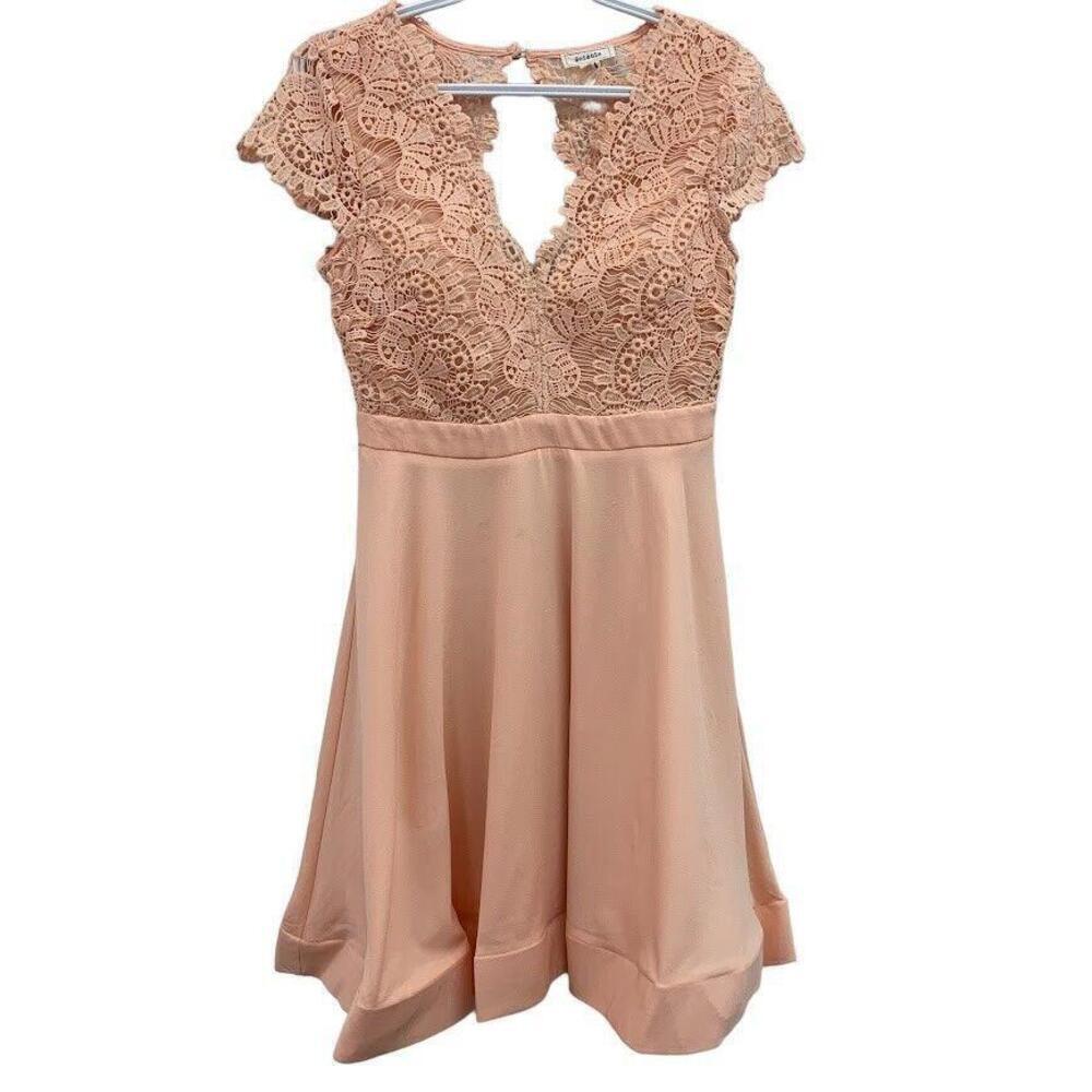 Soieblu Womens Peach Cap Sleeve Lace V Plunge Neck Cocktail Dress Size Medium‌